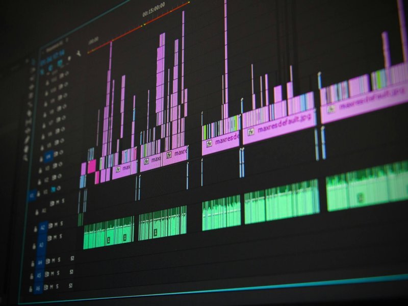 Close-up of a professional audio and video editing software interface with waveform displays.